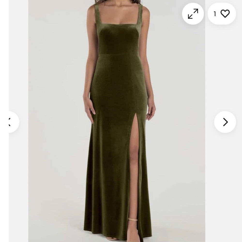 Jenny Yoo Mara Olive Green Velvet Square Neck Maxi Gown Dress Size 0